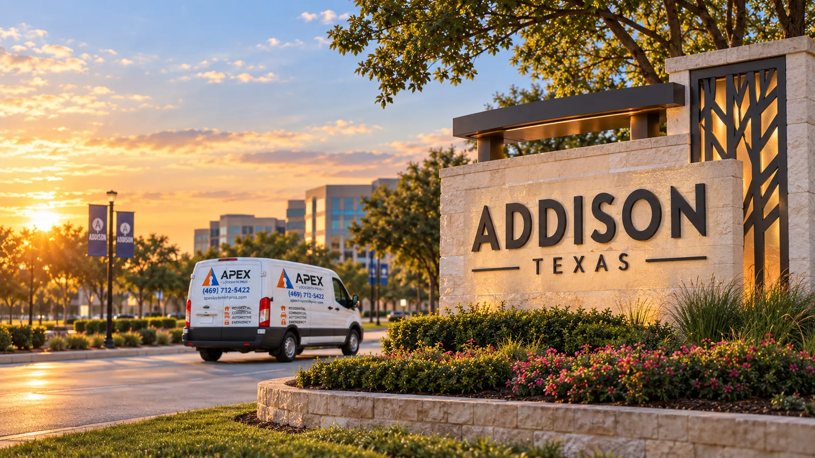 Illustration of an Apex Locksmith Pros service van beside a stylized Addison, Texas welcome sign