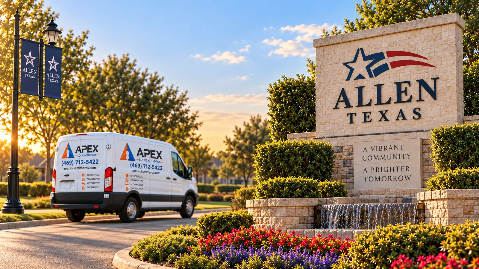 Illustration of an Apex Locksmith Pros service van beside a stylized Allen, Texas welcome sign