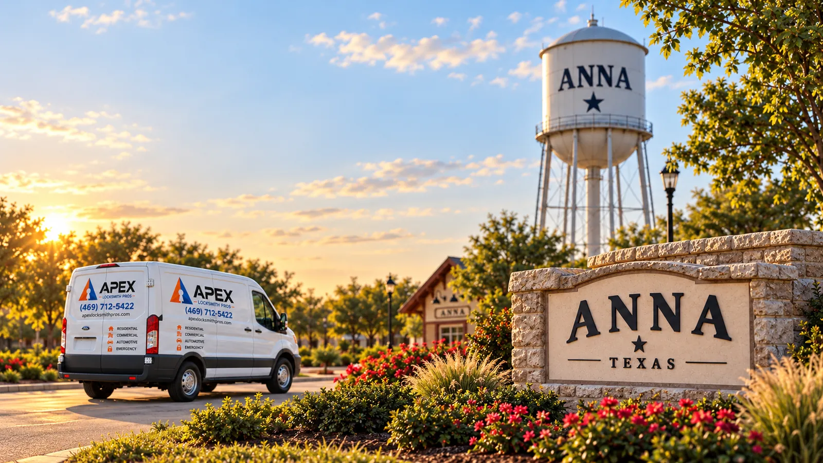 Illustration of an Apex Locksmith Pros service van beside a stylized Anna, Texas welcome sign