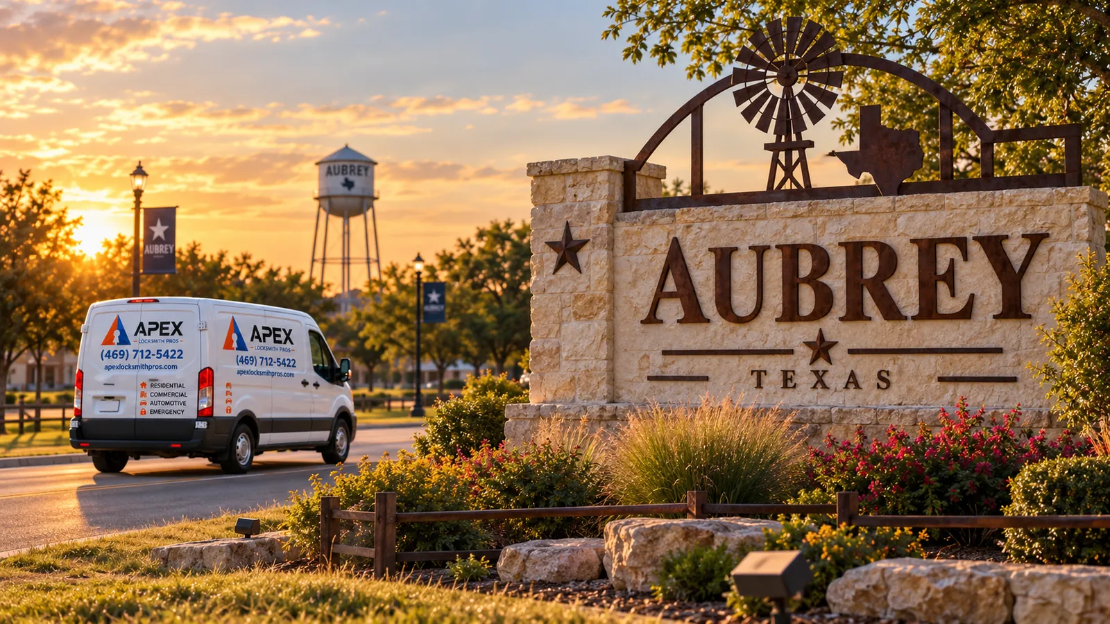 Illustration of an Apex Locksmith Pros service van beside a stylized Aubrey, Texas welcome sign