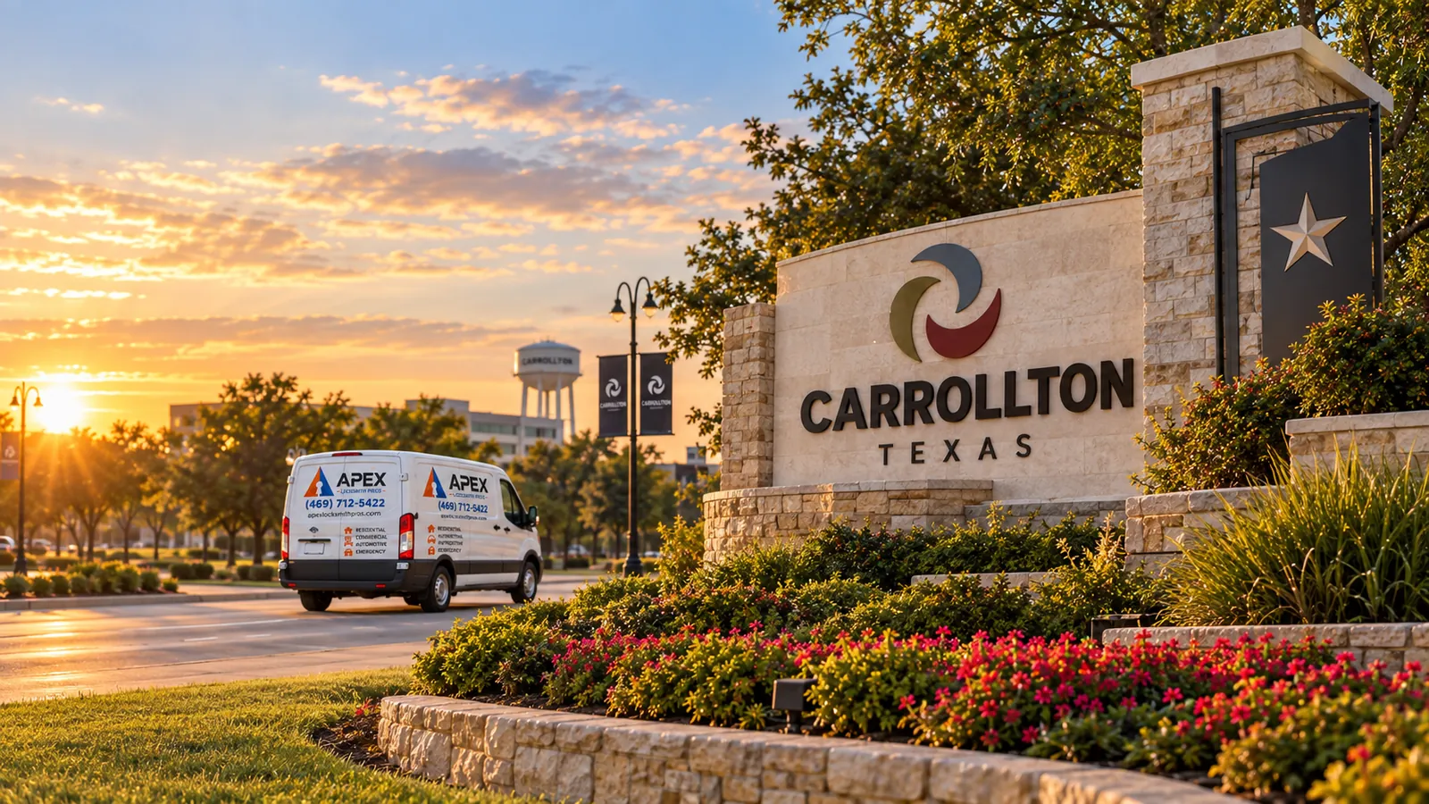 Illustration of an Apex Locksmith Pros service van beside a stylized Carrollton, Texas welcome sign