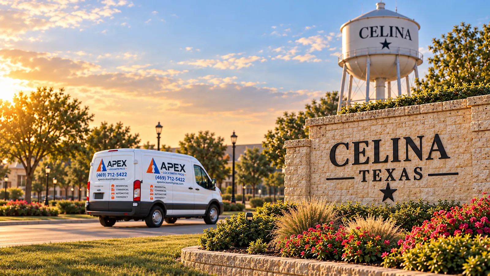 Illustration of an Apex Locksmith Pros service van beside a stylized Celina, Texas welcome sign