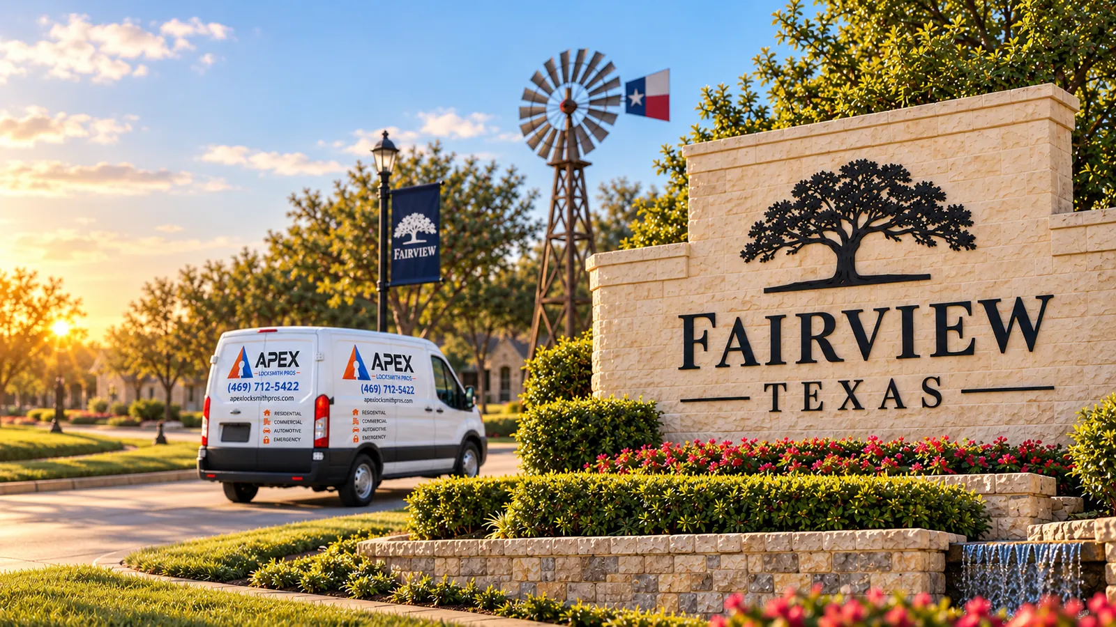 Illustration of an Apex Locksmith Pros service van beside a stylized Fairview, Texas welcome sign