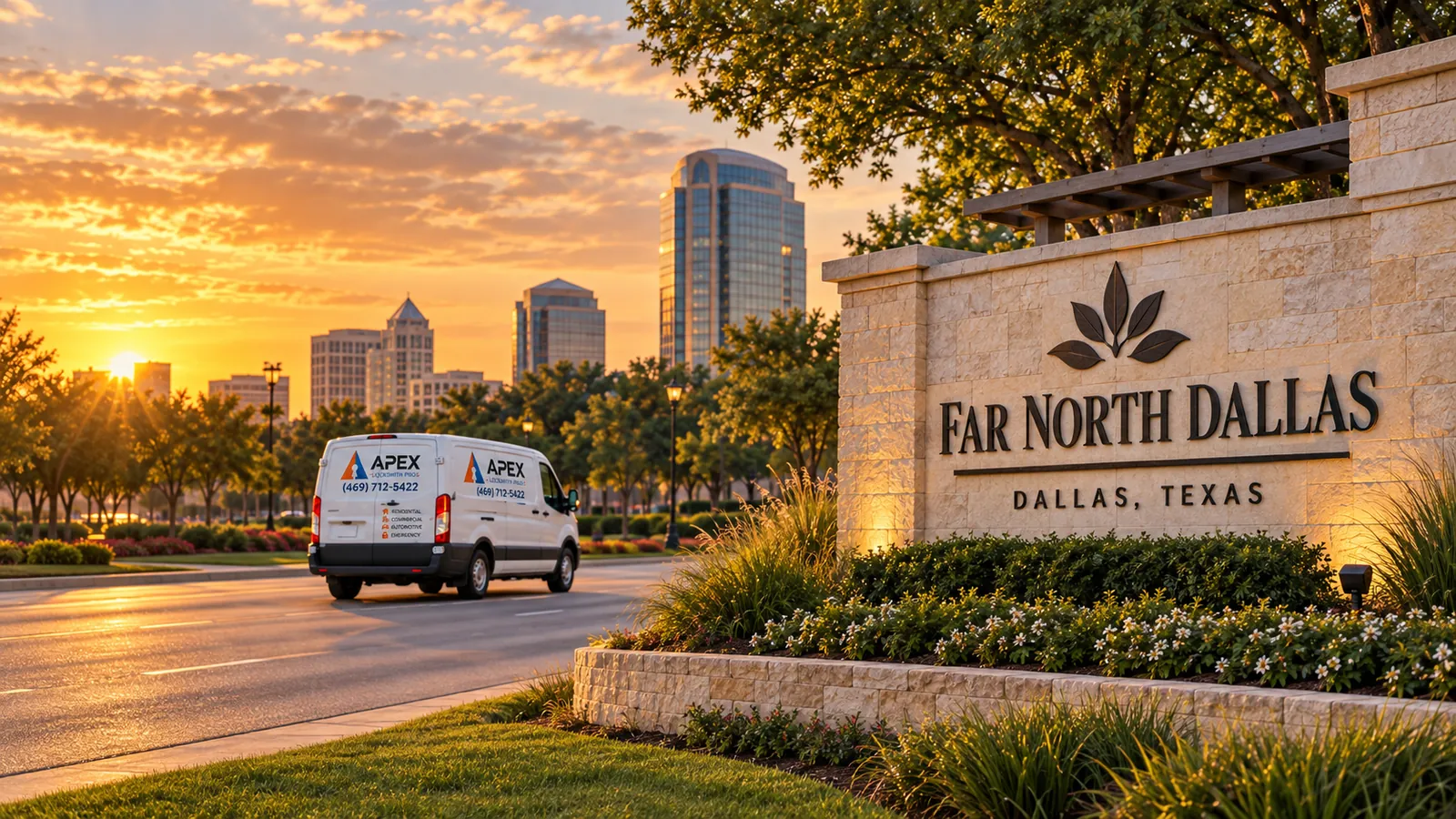 Illustration of an Apex Locksmith Pros service van beside a stylized Far North Dallas, Texas welcome sign