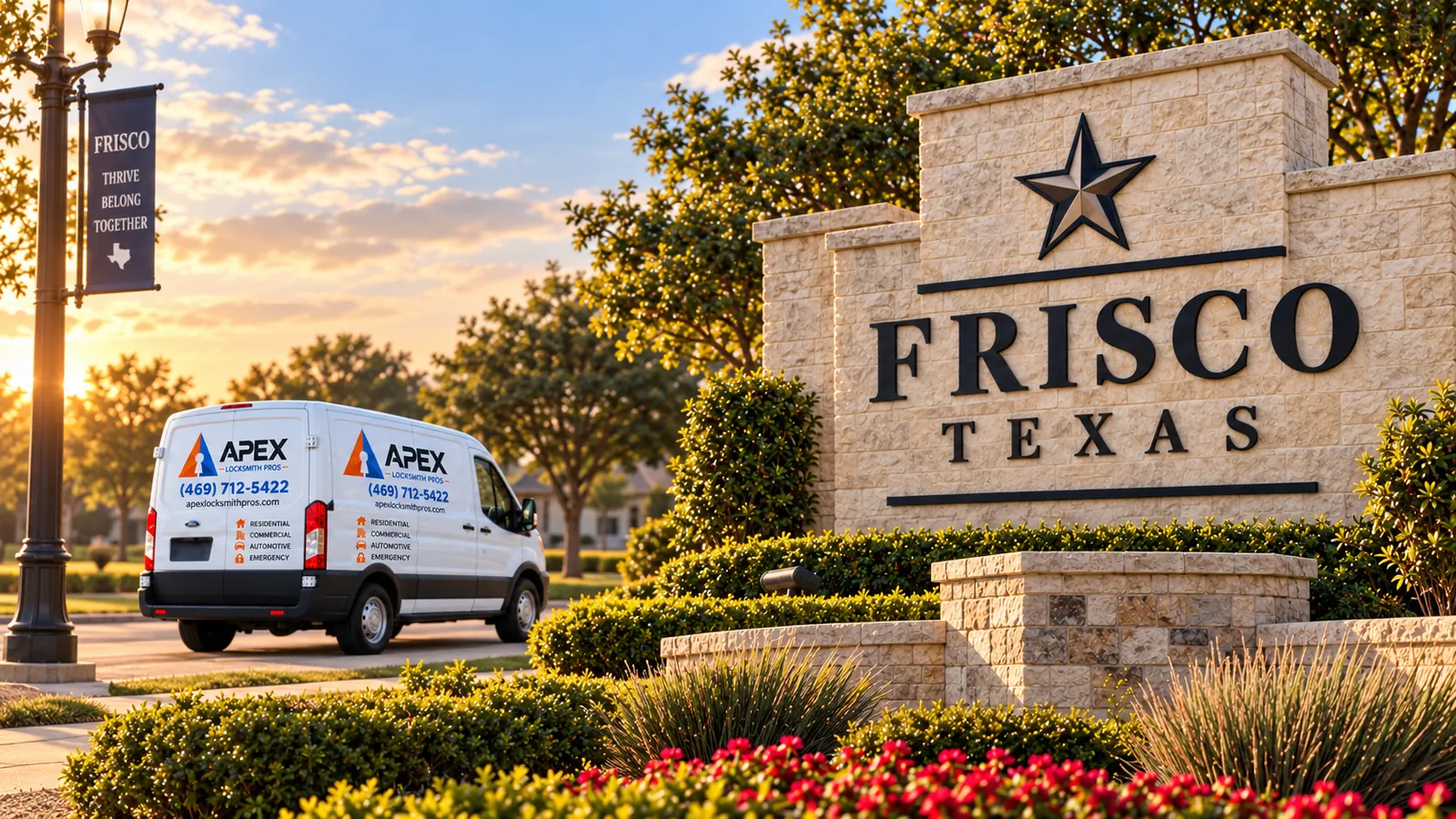 Illustration of an Apex Locksmith Pros service van beside a stylized Frisco, Texas welcome sign