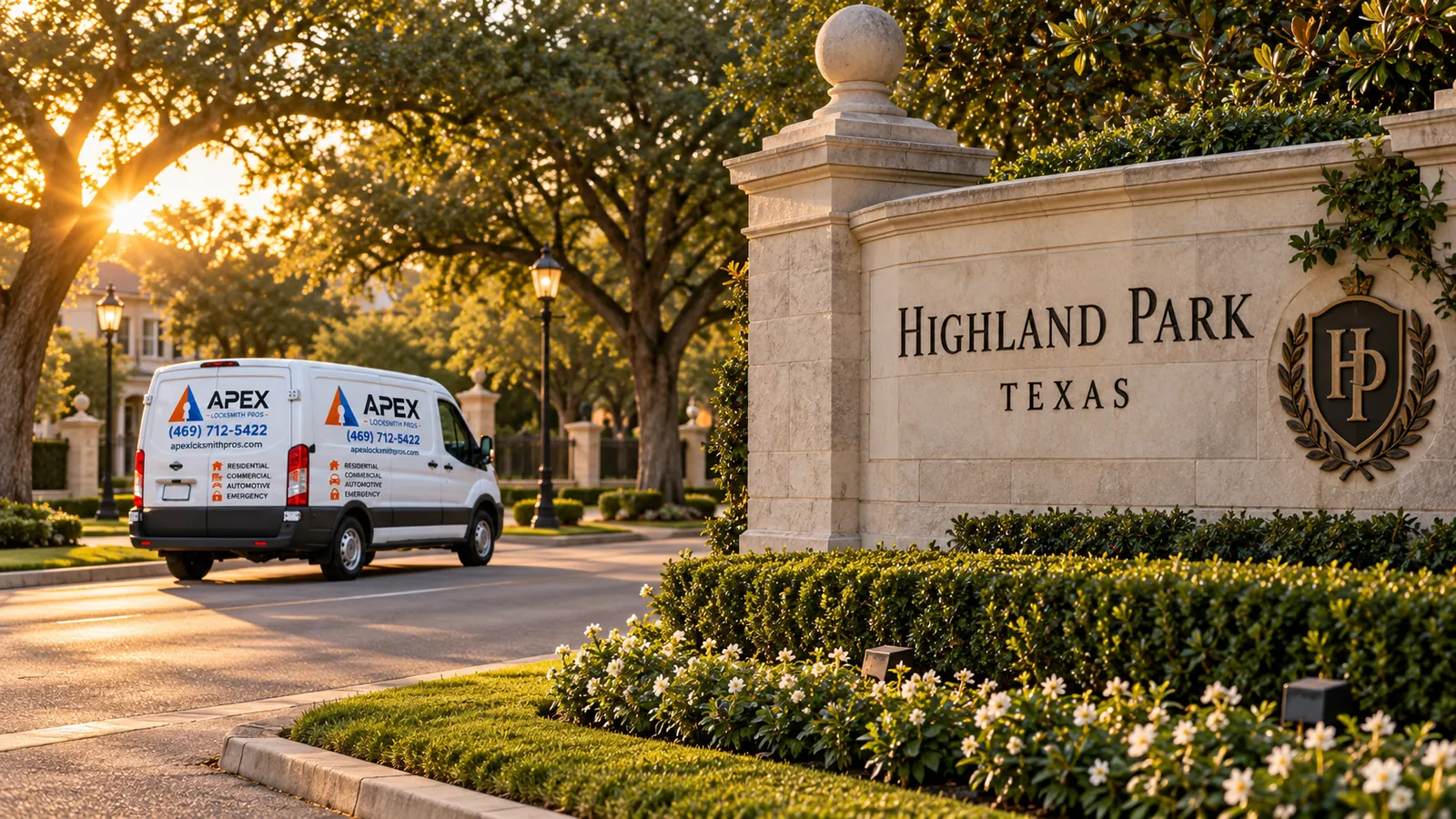 Illustration of an Apex Locksmith Pros service van beside a stylized Highland Park, Texas welcome sign