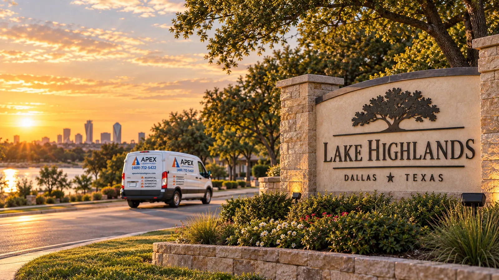 Illustration of an Apex Locksmith Pros service van beside a stylized Lake Highlands, Texas welcome sign