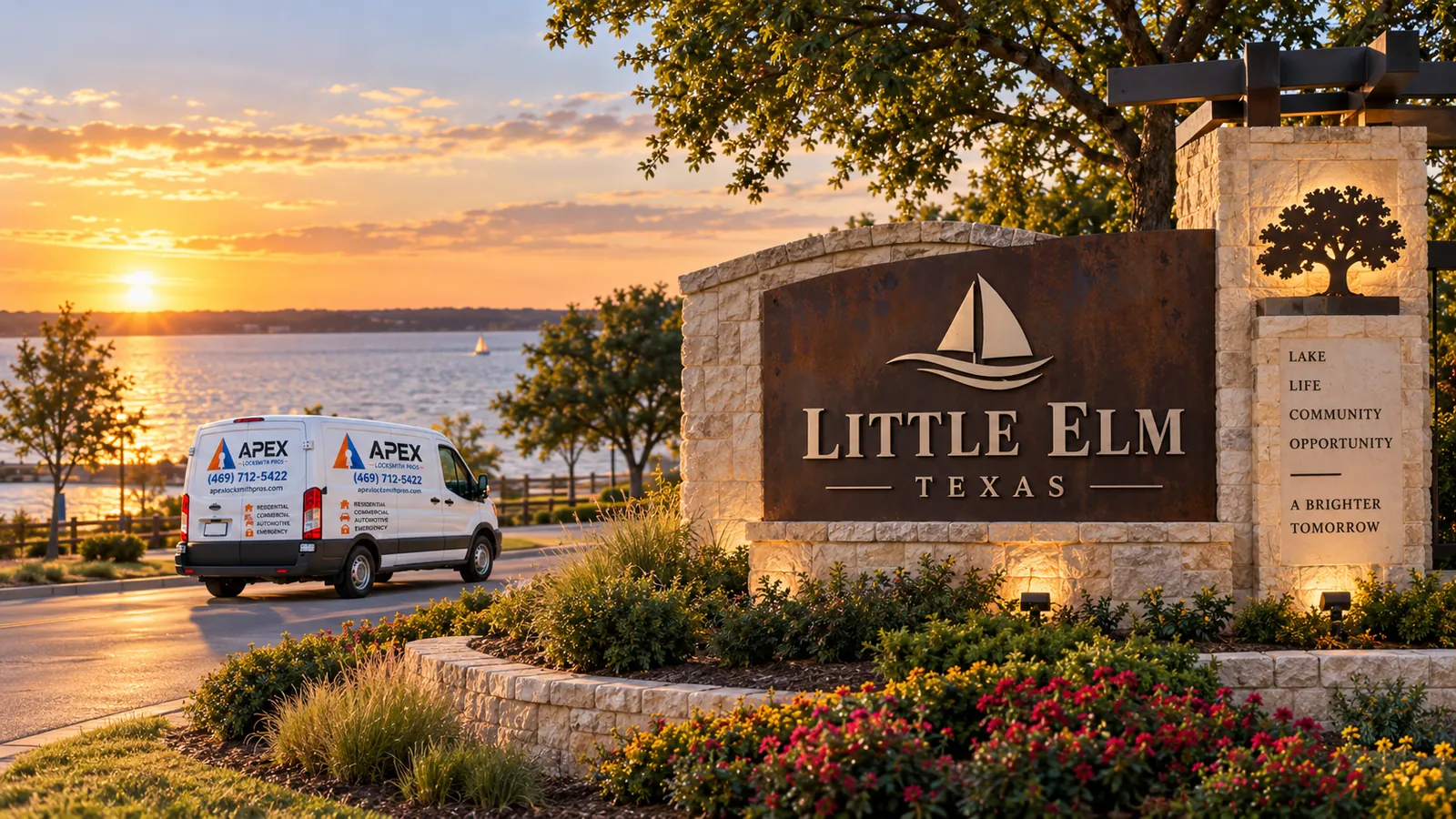 Illustration of an Apex Locksmith Pros service van beside a stylized Little Elm, Texas welcome sign