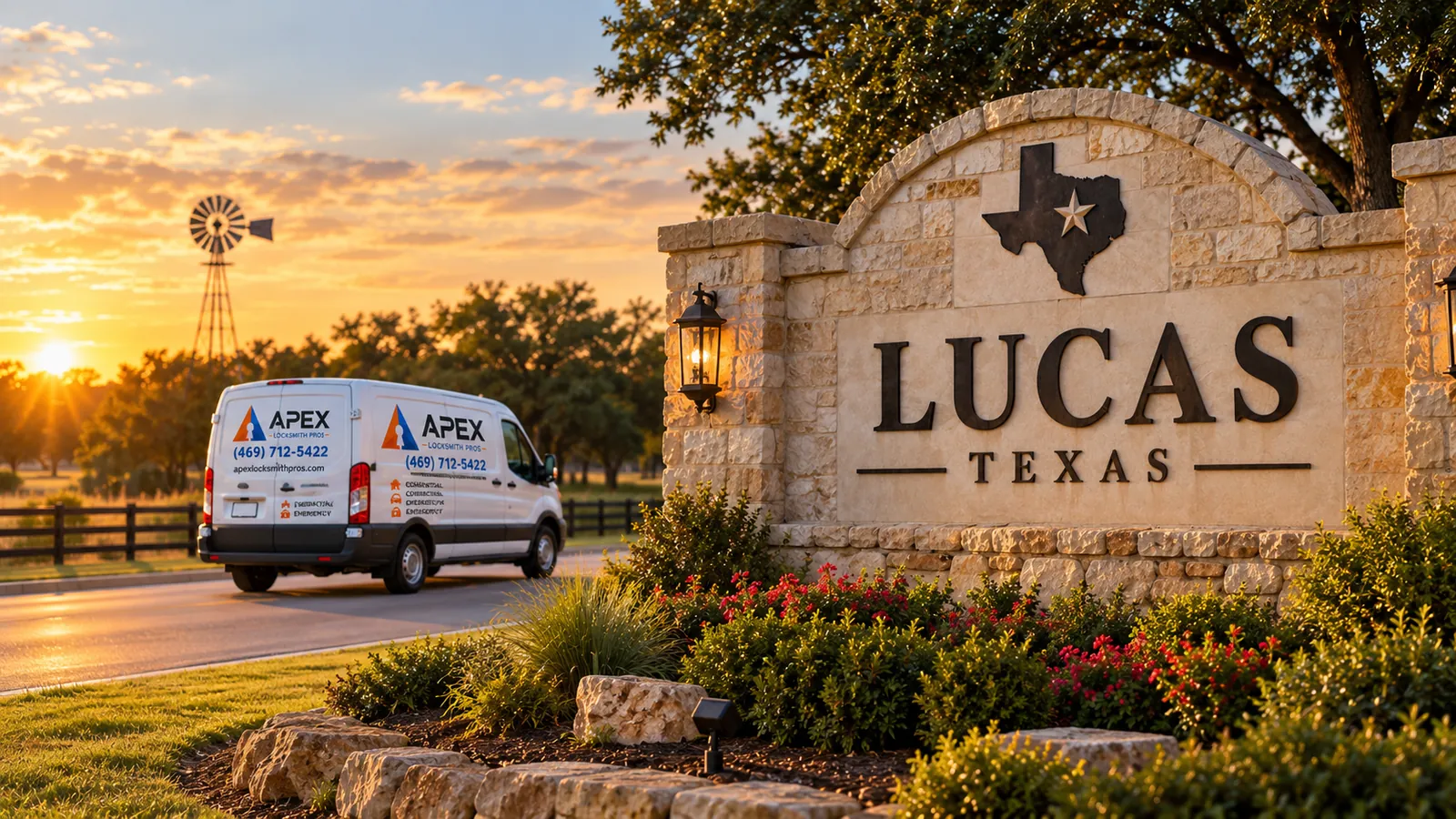 Illustration of an Apex Locksmith Pros service van beside a stylized Lucas, Texas welcome sign