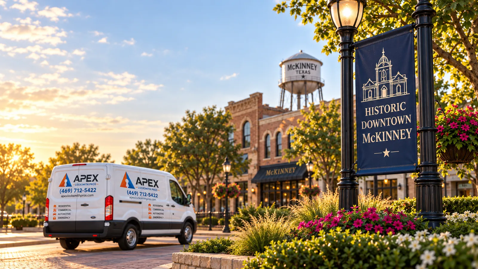 Illustration of an Apex Locksmith Pros service van beside a stylized McKinney, Texas welcome sign