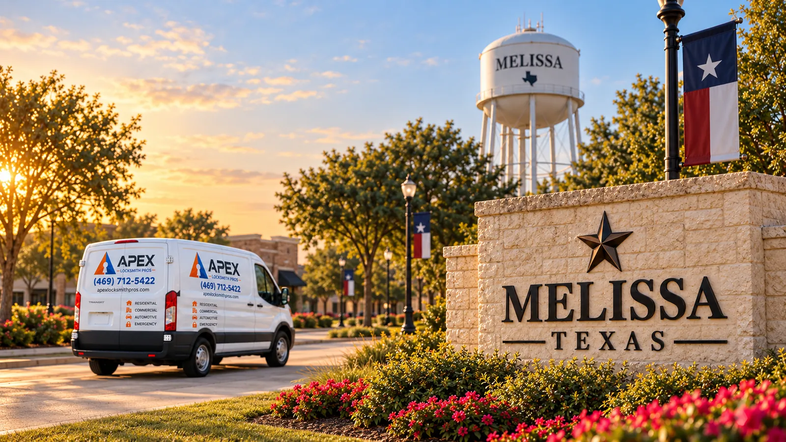 Illustration of an Apex Locksmith Pros service van beside a stylized Melissa, Texas welcome sign