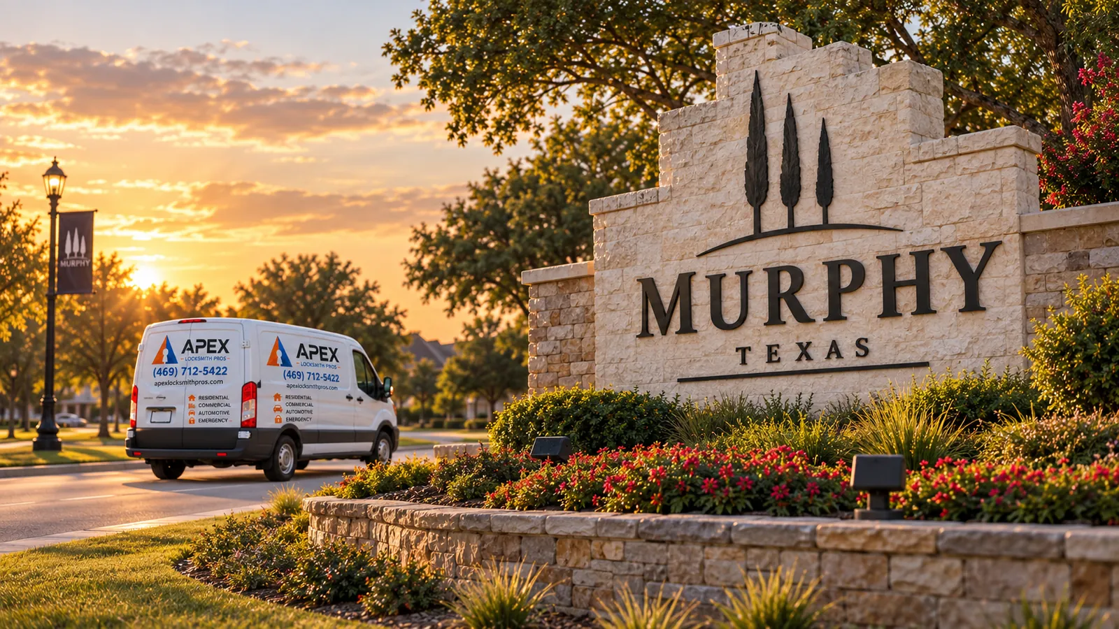 Illustration of an Apex Locksmith Pros service van beside a stylized Murphy, Texas welcome sign