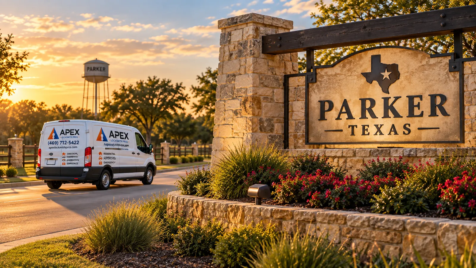 Illustration of an Apex Locksmith Pros service van beside a stylized Parker, Texas welcome sign