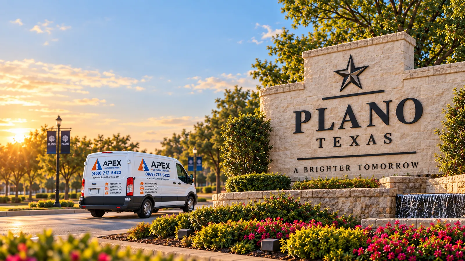 Illustration of an Apex Locksmith Pros service van beside a stylized Plano, Texas welcome sign
