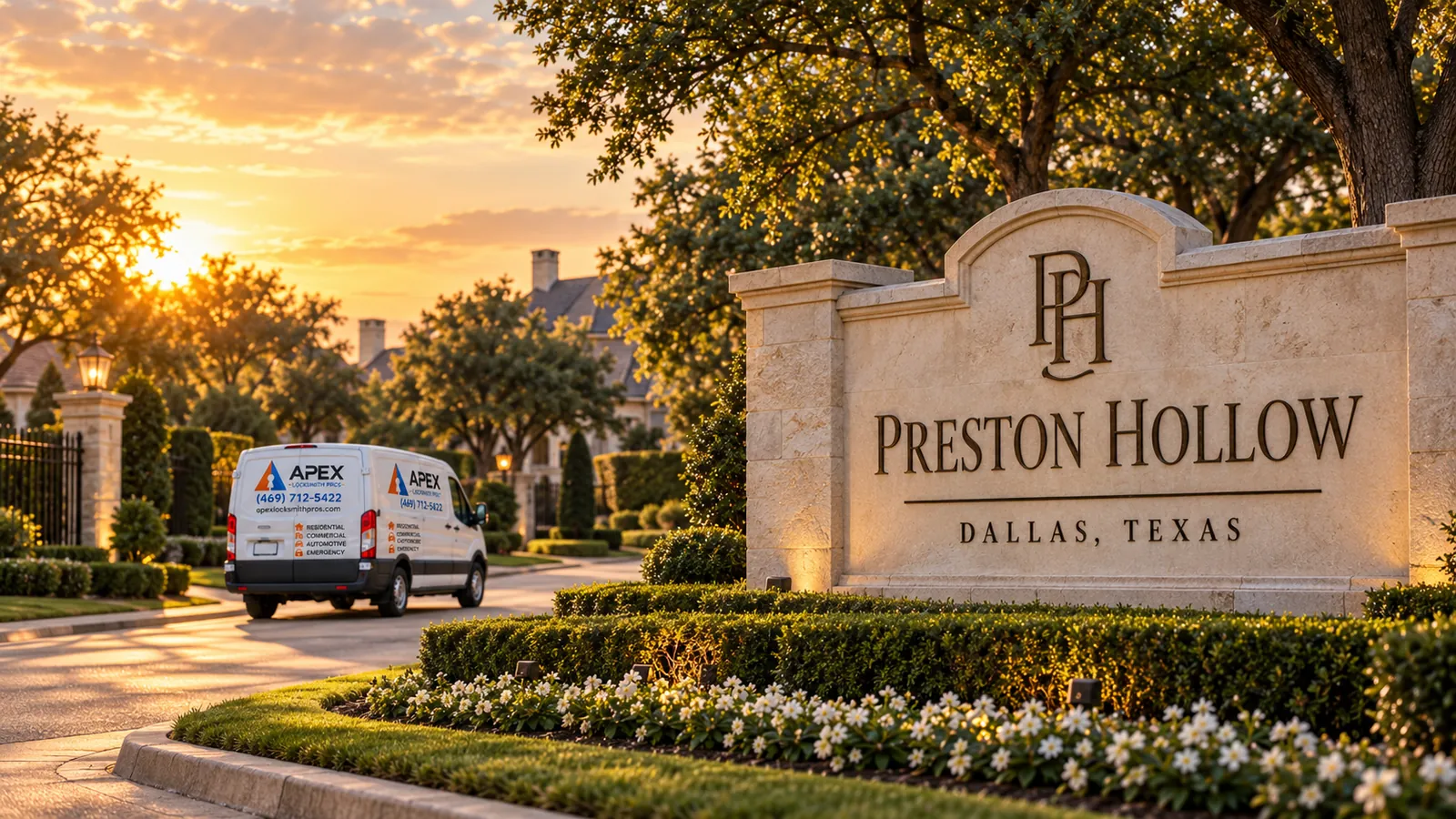 Illustration of an Apex Locksmith Pros service van beside a stylized Preston Hollow, Texas welcome sign