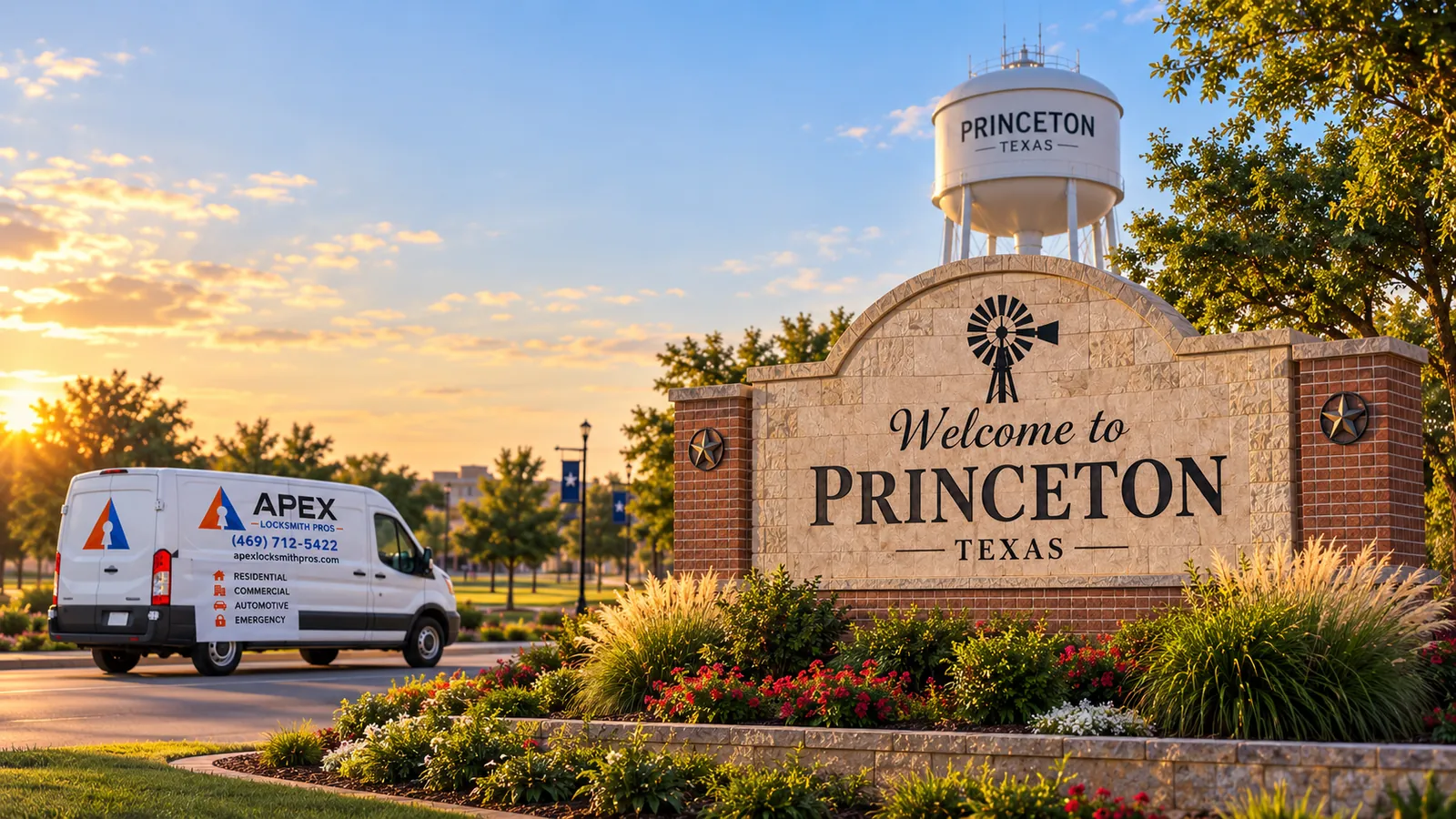 Illustration of an Apex Locksmith Pros service van beside a stylized Princeton, Texas welcome sign