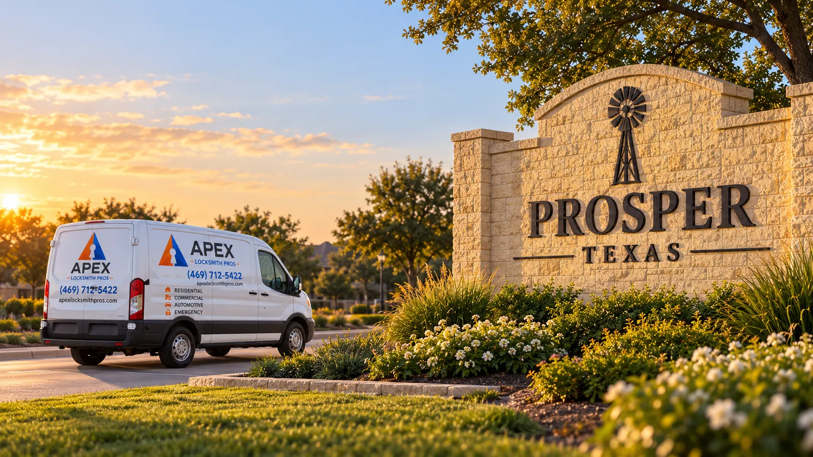 Illustration of an Apex Locksmith Pros service van beside a stylized Prosper, Texas welcome sign