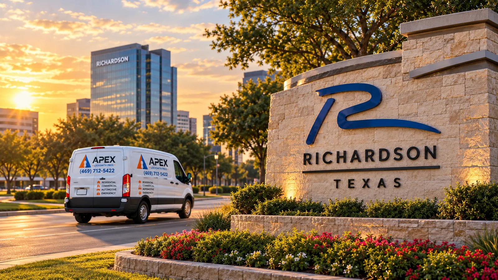 Illustration of an Apex Locksmith Pros service van beside a stylized Richardson, Texas welcome sign