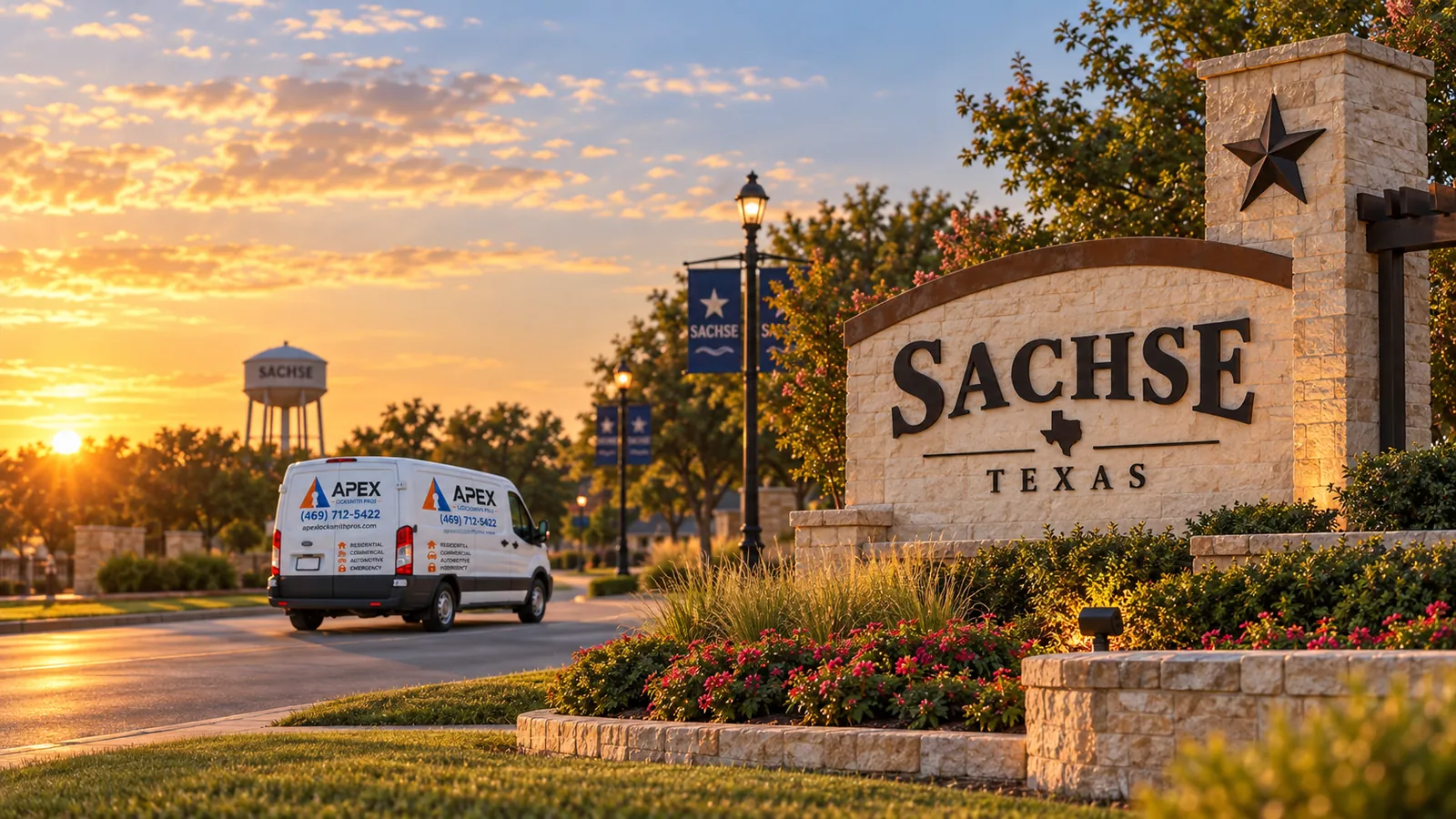Illustration of an Apex Locksmith Pros service van beside a stylized Sachse, Texas welcome sign