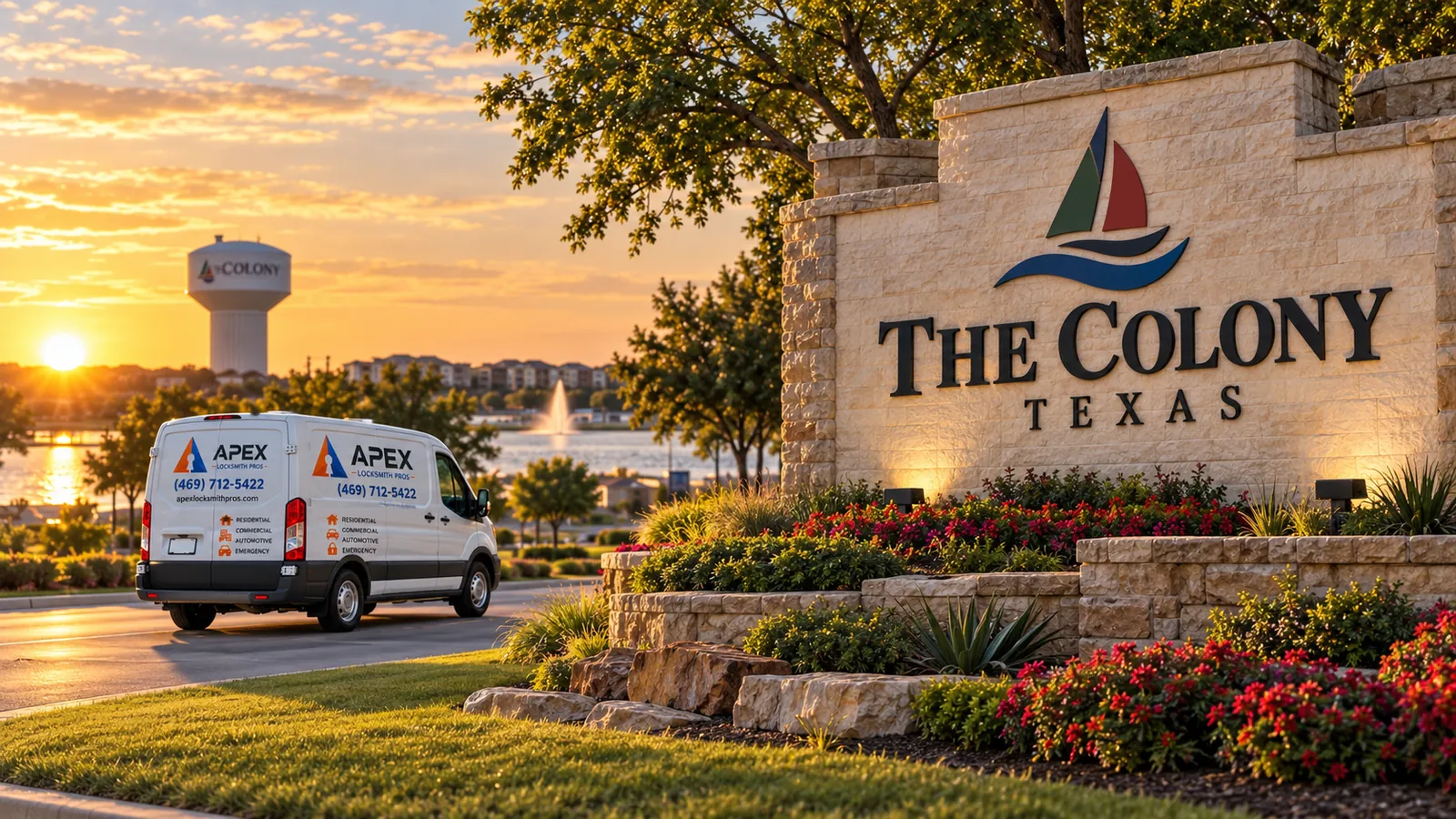 Illustration of an Apex Locksmith Pros service van beside a stylized The Colony, Texas welcome sign