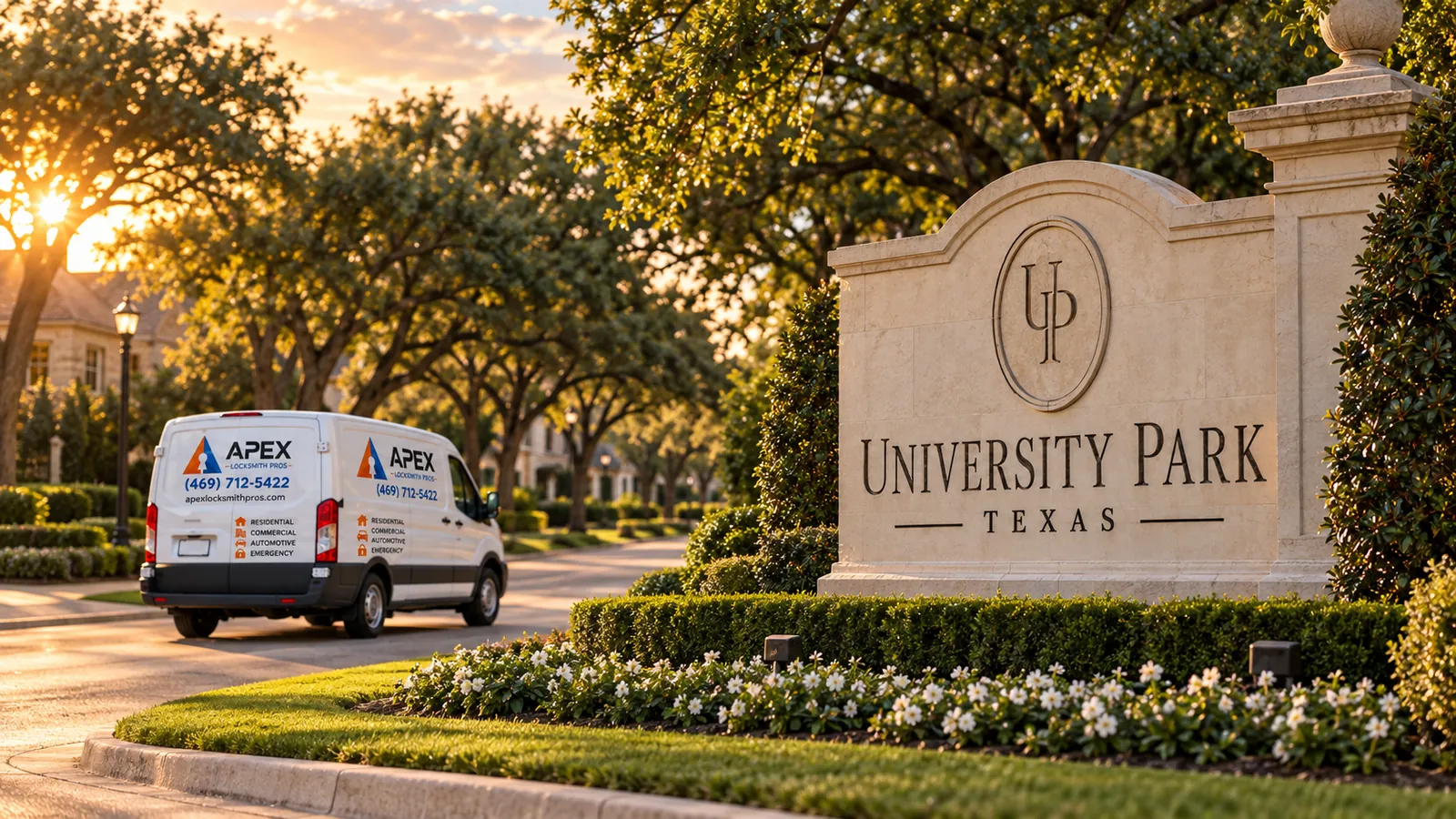 Illustration of an Apex Locksmith Pros service van beside a stylized University Park, Texas welcome sign