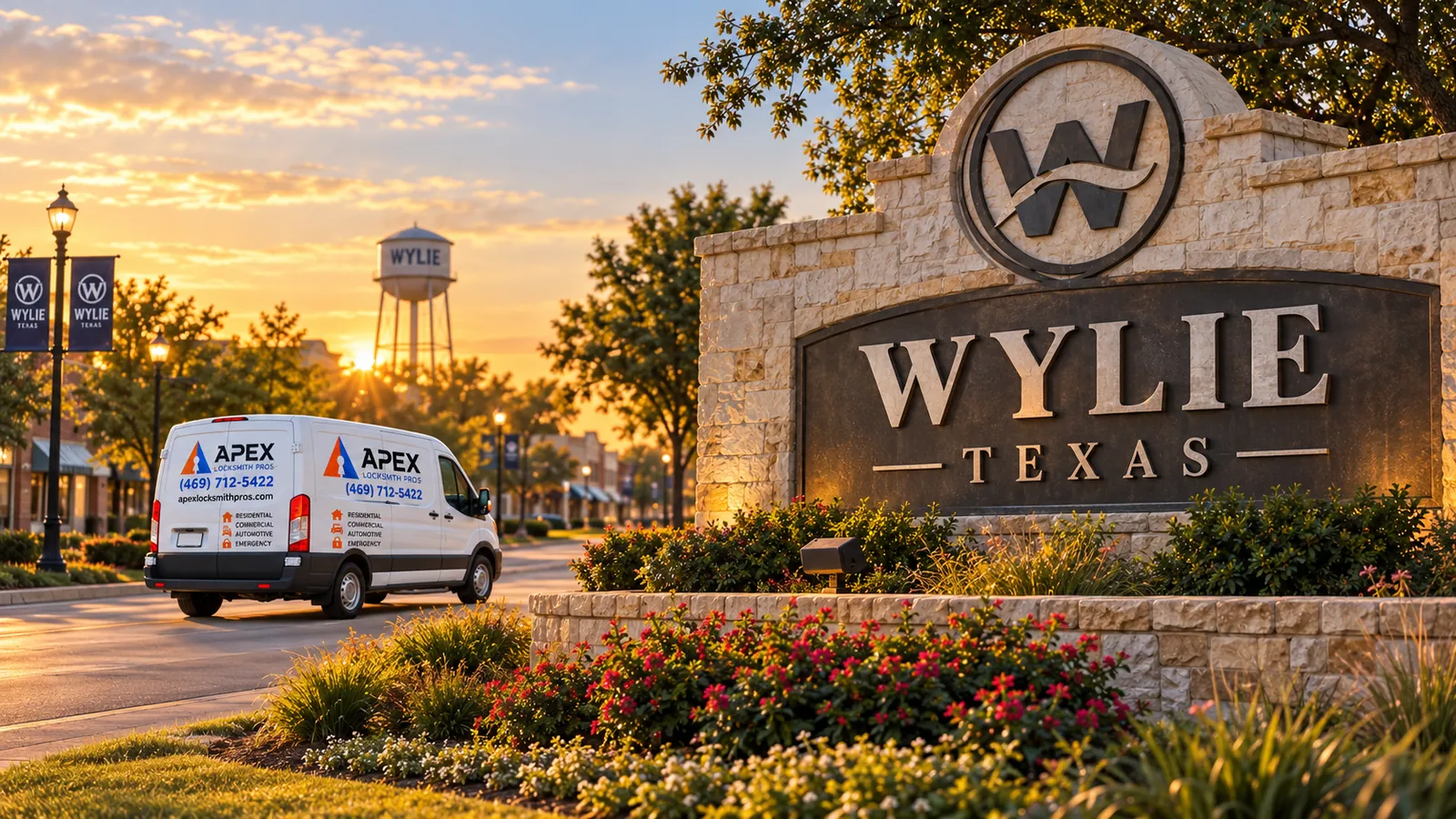Illustration of an Apex Locksmith Pros service van beside a stylized Wylie, Texas welcome sign